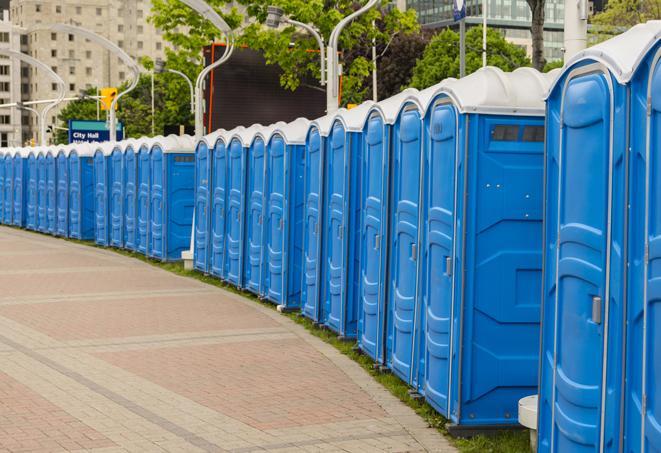 a row of portable restrooms at an outdoor special event, ready for use in Cowiche